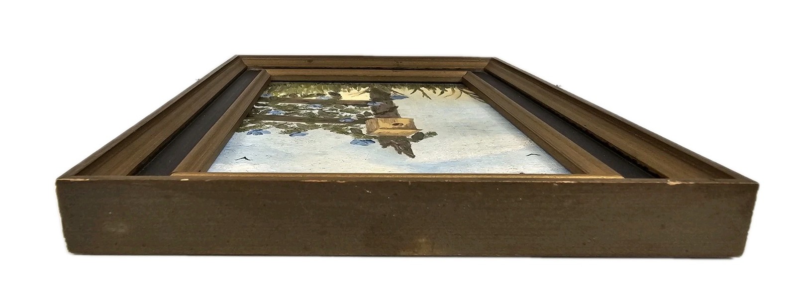Vtg Original Oil Acrylic Painting Homestead Scene Birdhouse Blue Flowers Vines