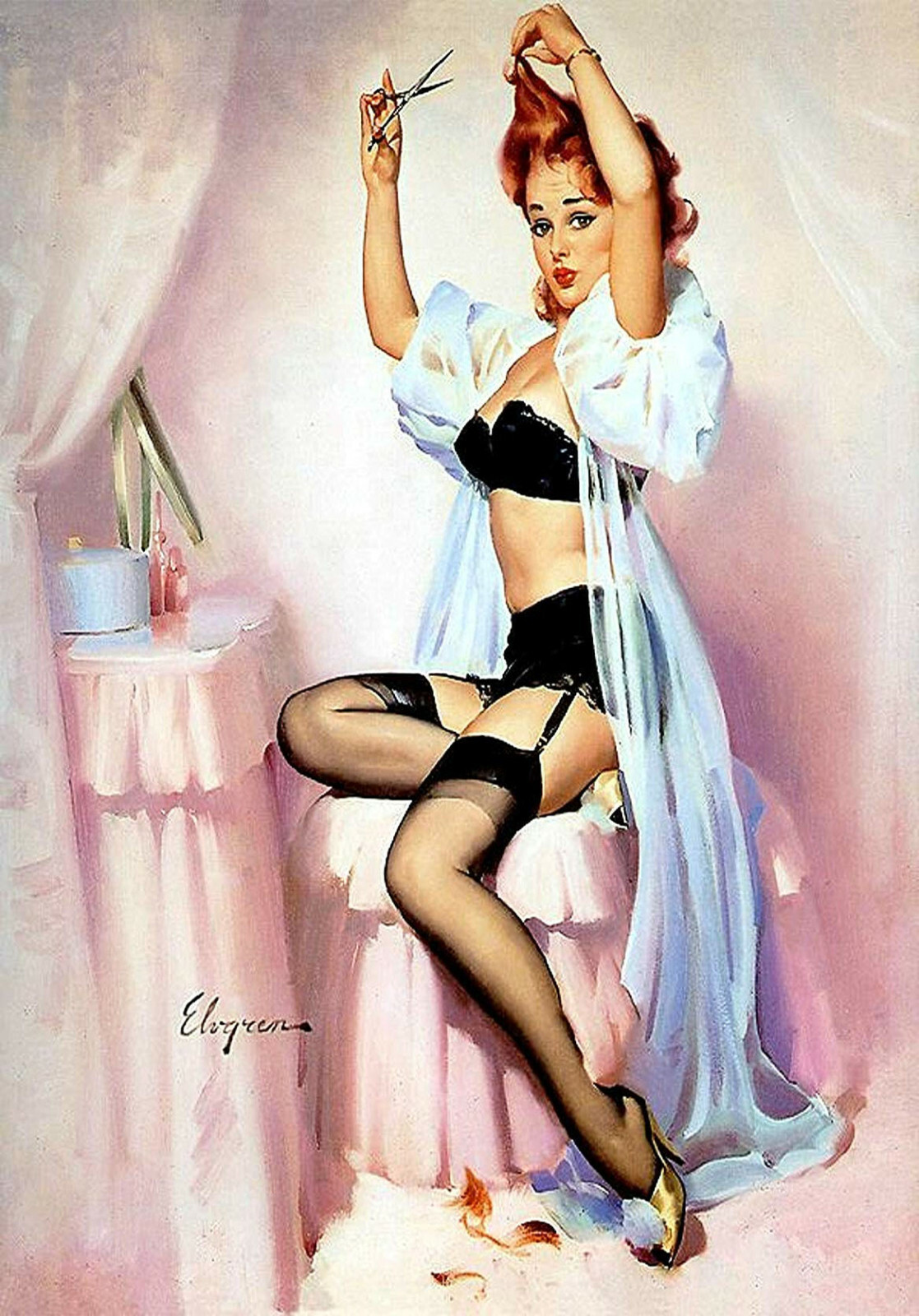 Vintage print wall décor art model poster canvas Gil Elvgren painting hair cut