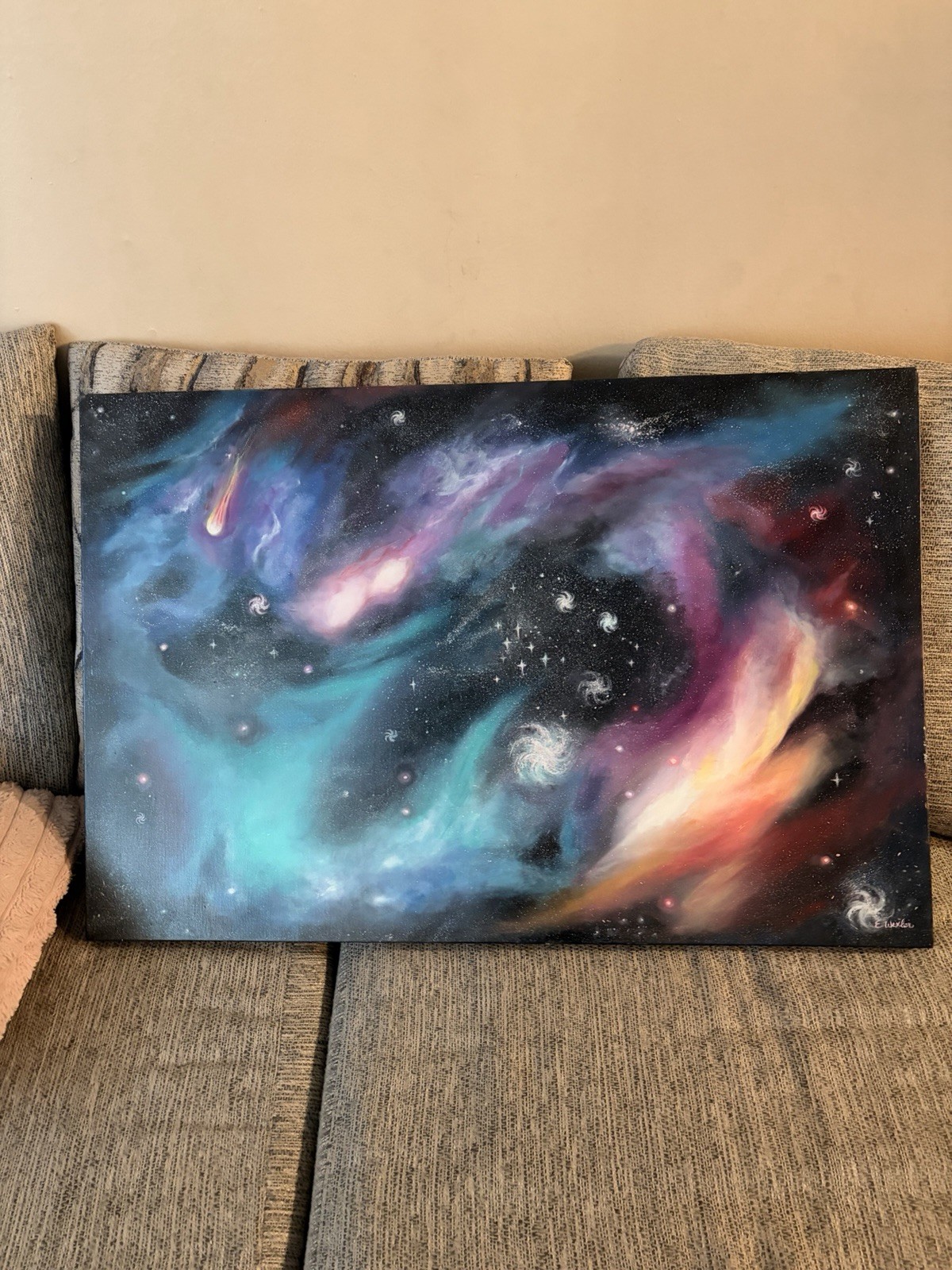 Huge Abstract Cosmic Outer Space Acrylic Painting on Canvas Signed by E.Wexler