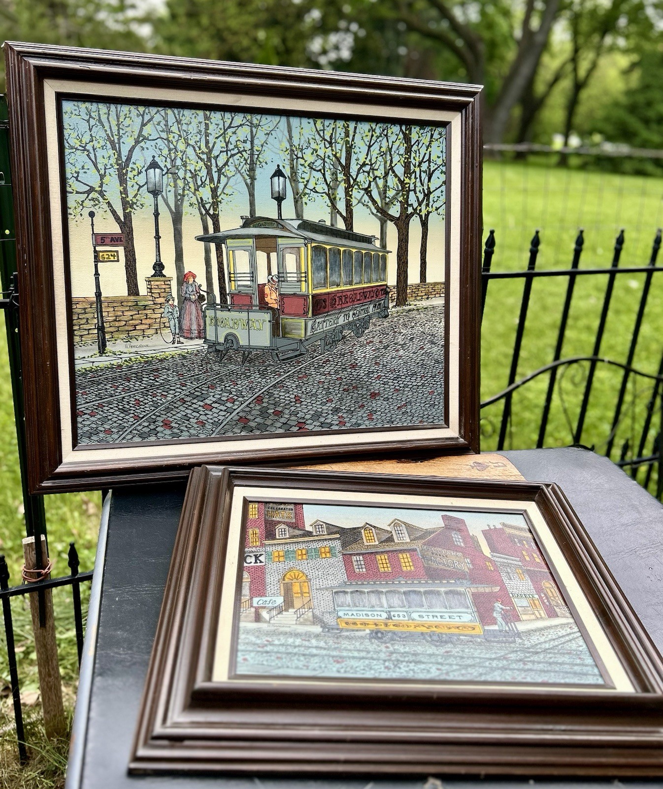 Vintage Signed H Hargrove Victorian Trolley New York Serigraph Oil Painting Pair