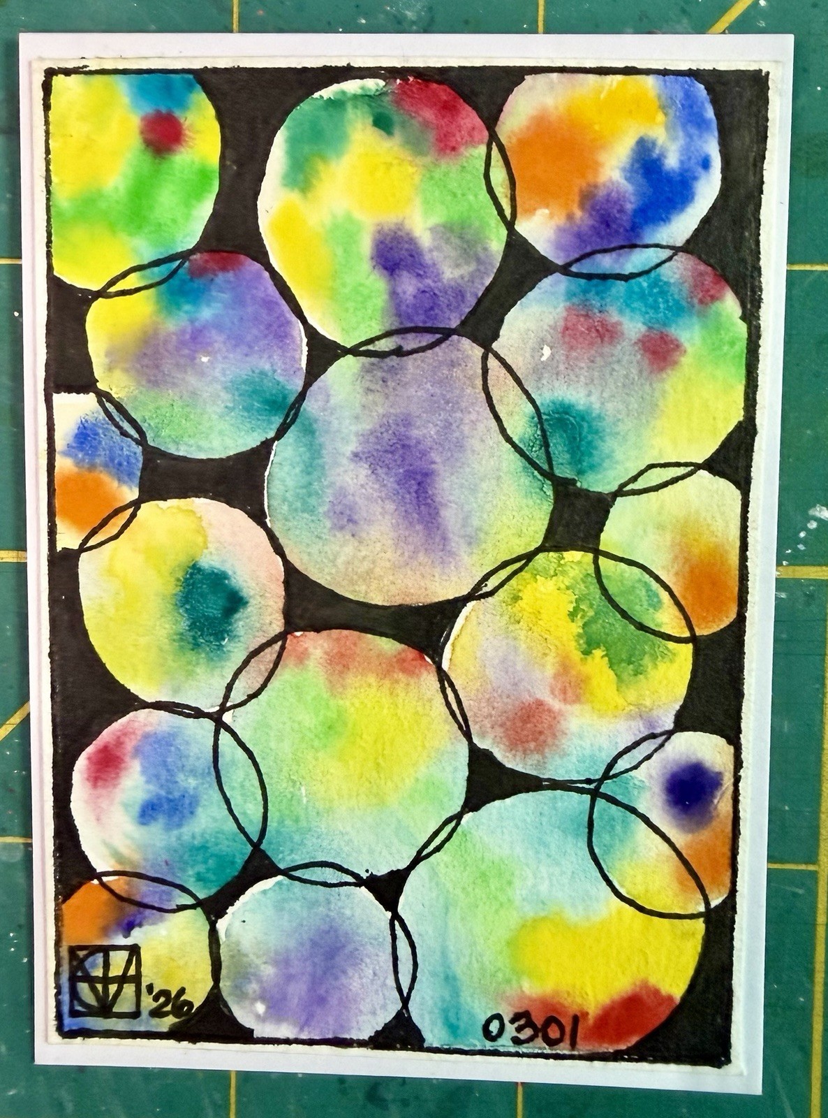 Painting by M. Hackney Abstract Circles Watercolor & Ink ACEO, Signed, 2.5×3.5