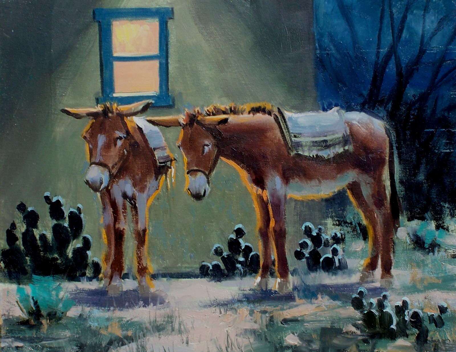 TOM HAAS painting ‘Night Shift’ oil 11×14 Arizona burros donkeys cactus desert