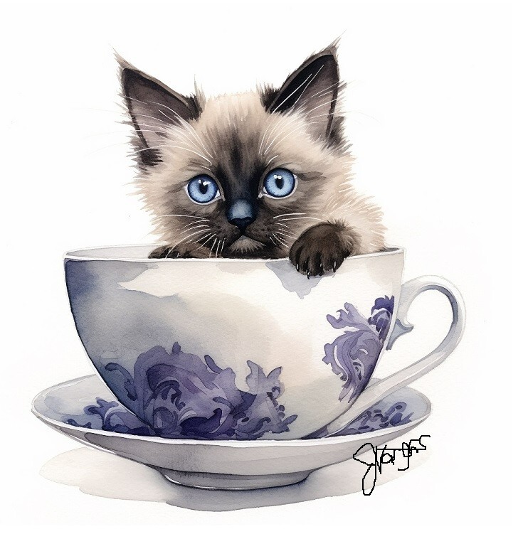Watercolor Siamese Cat in a teacup Painting Art Print