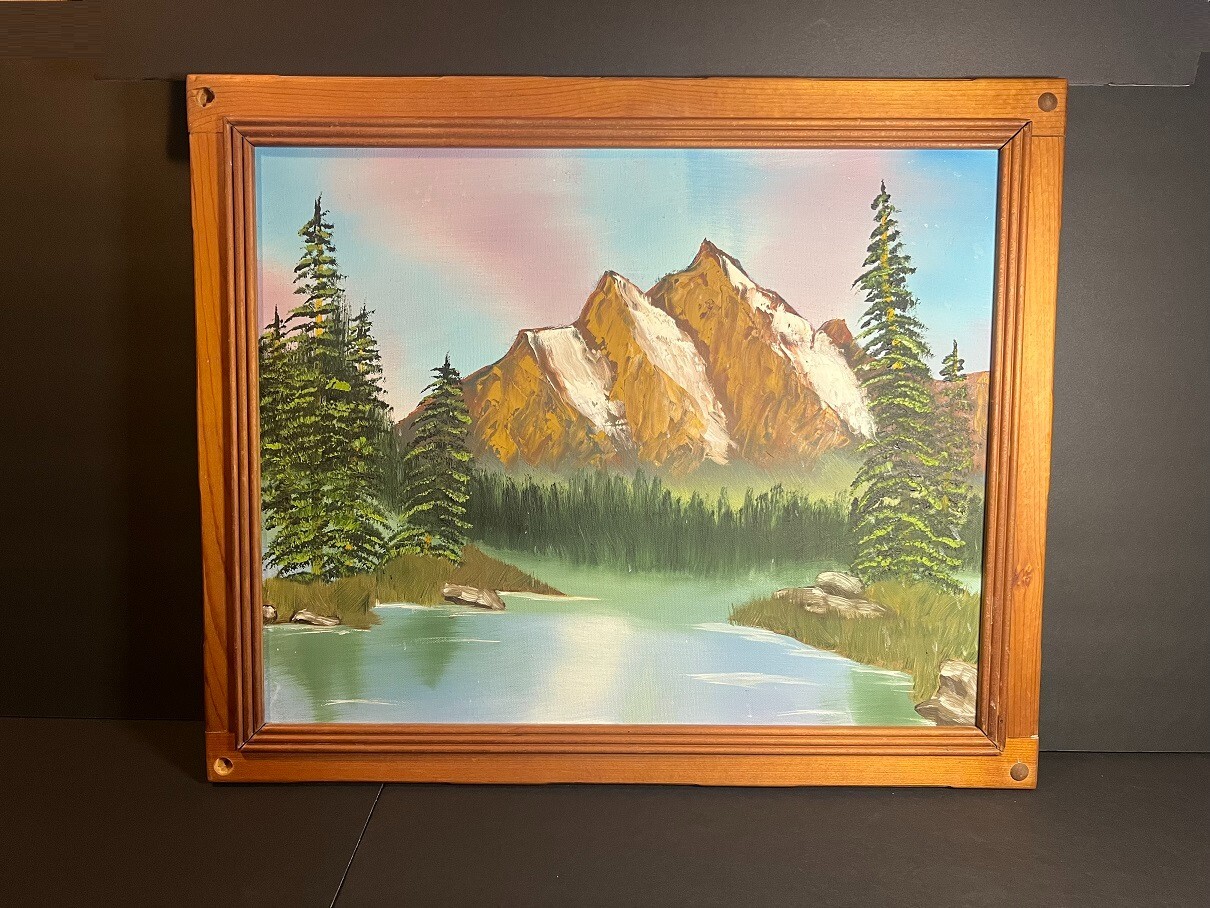 Original Tree Line Mountain Lake Oil on Canvas Painting Framed Wall Art 23 x 19″