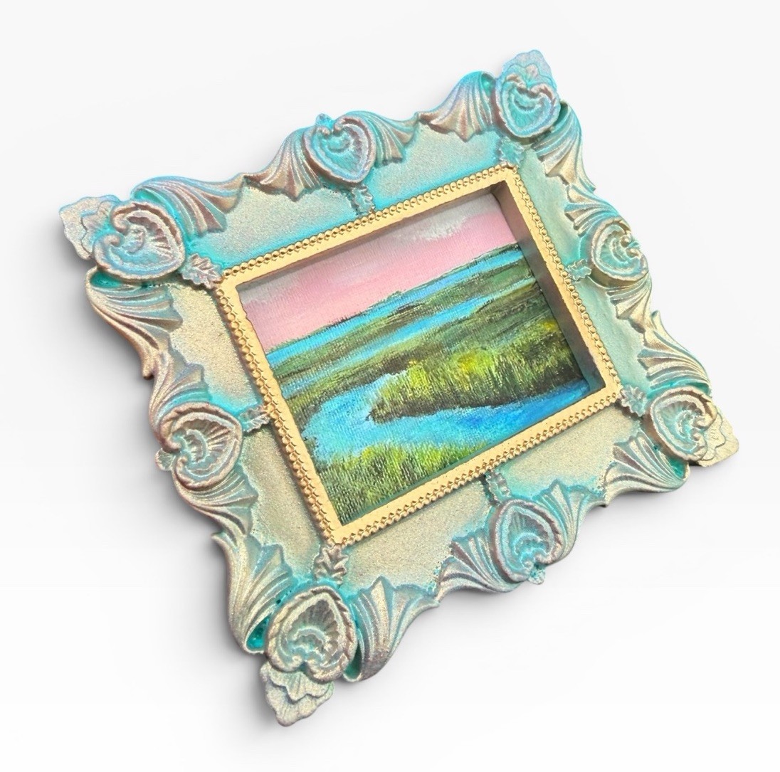 Marsh mini Landscape watercolor print in vintage style ornate frame
