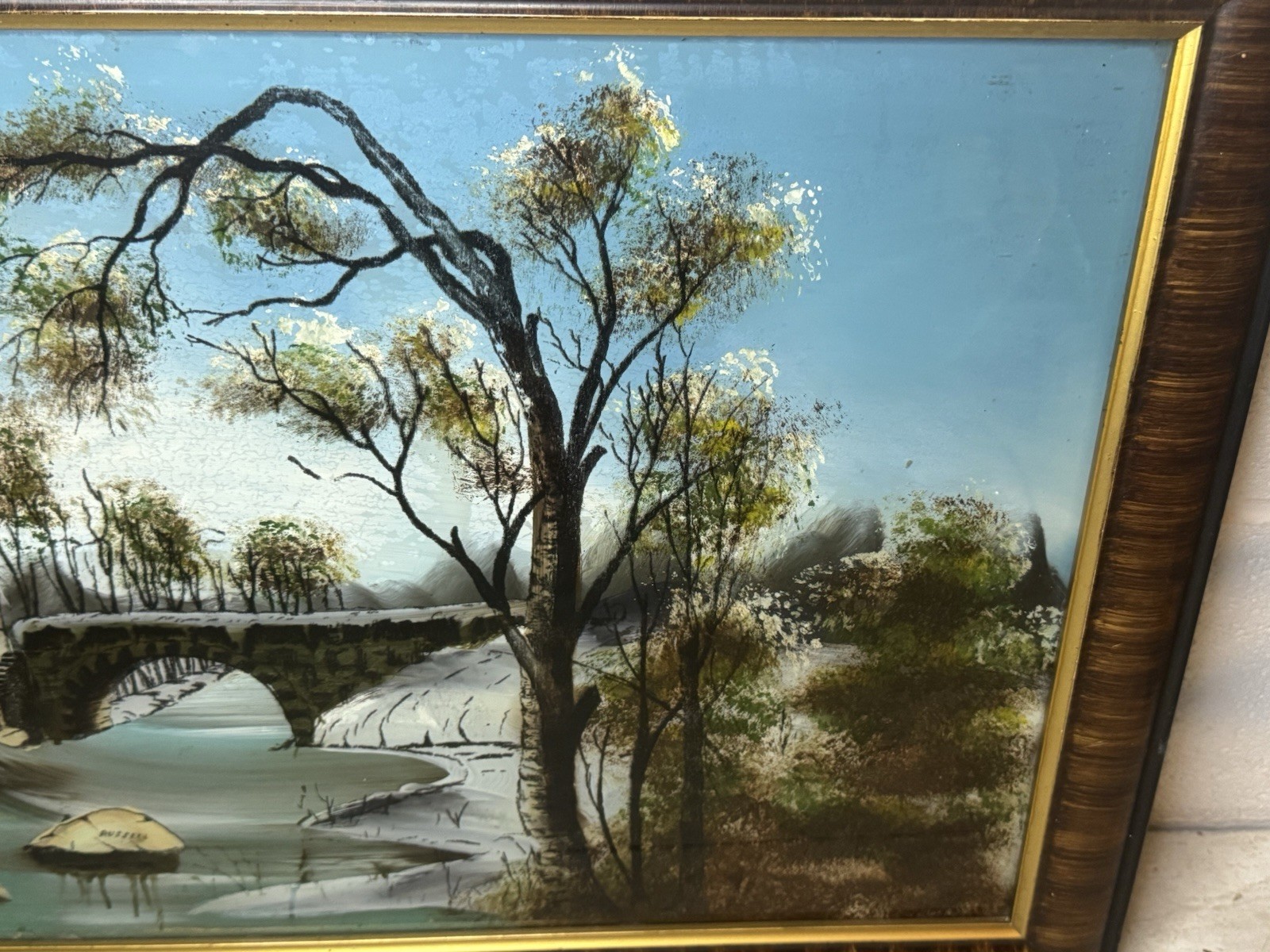 Antique Large Reverse Painted Glass Painting Old Grist Mill Russell Old Frame