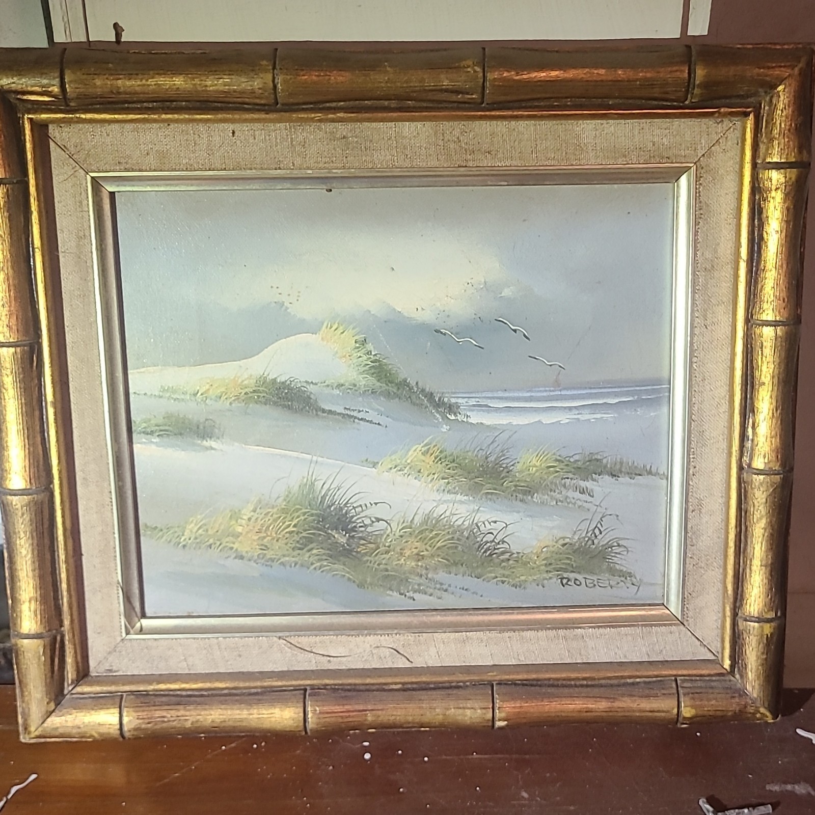 ROBERTY Oil Painting Seascape Beach Sand Dunes Sea Birds Framed Signed