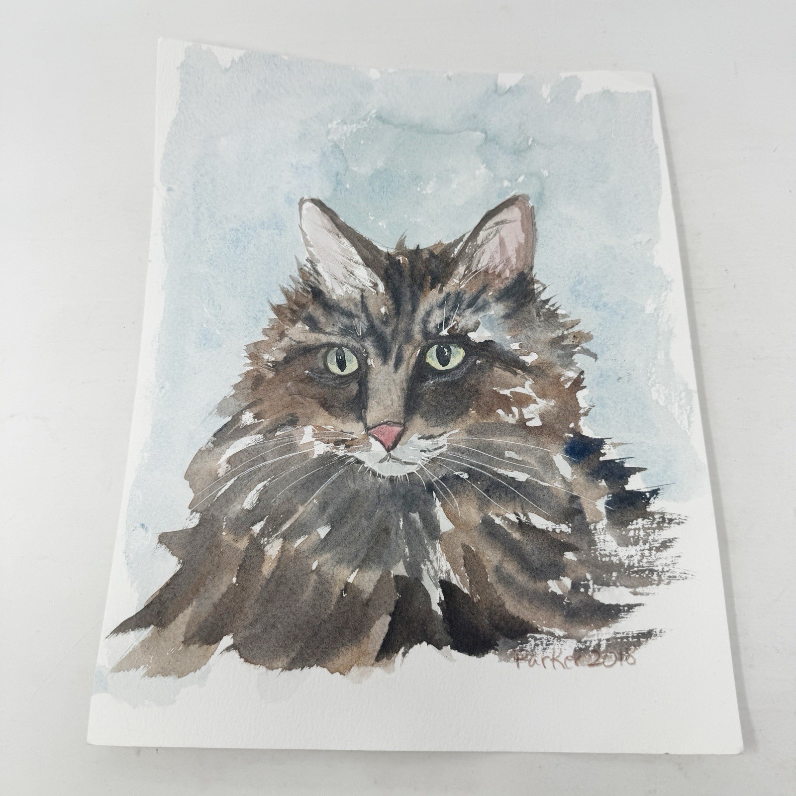 Original OOAK Watercolor Painting Fluffy Cat Art Dark Brown Green Eye 9×11 8×10