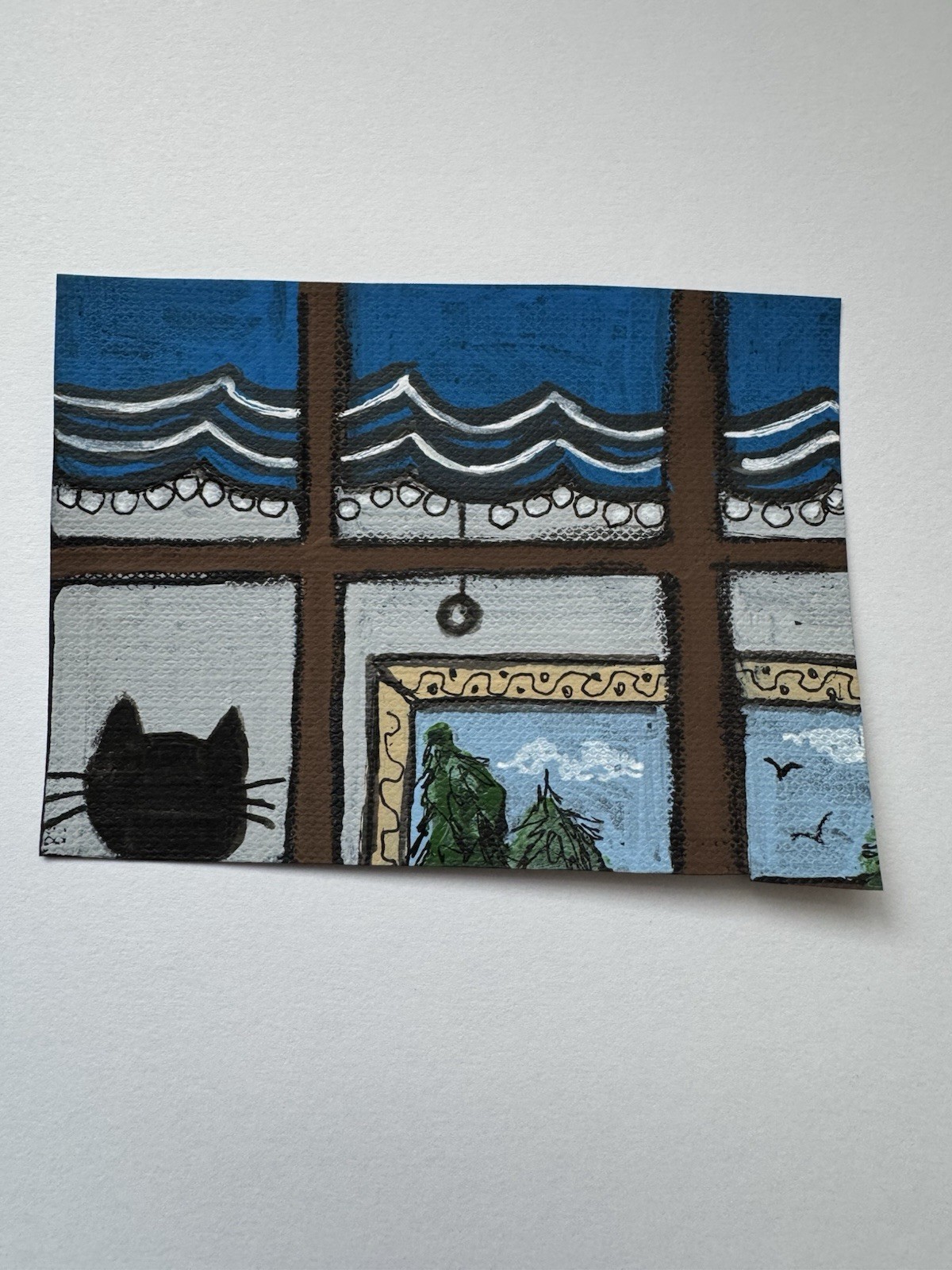 Aceo Original Art Trading Card, Shadow Kitty Window Scene Art By Sommer Rayn