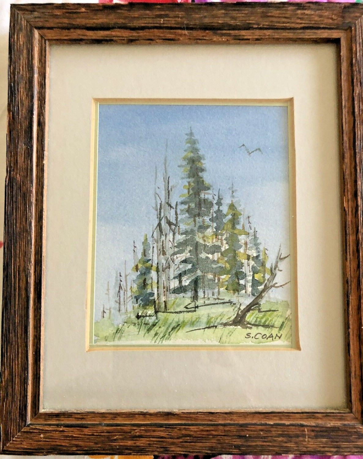 Acrylic wood frame Watercolor Pine Forest Landscape Cabin Cottage 7×8 S Coan