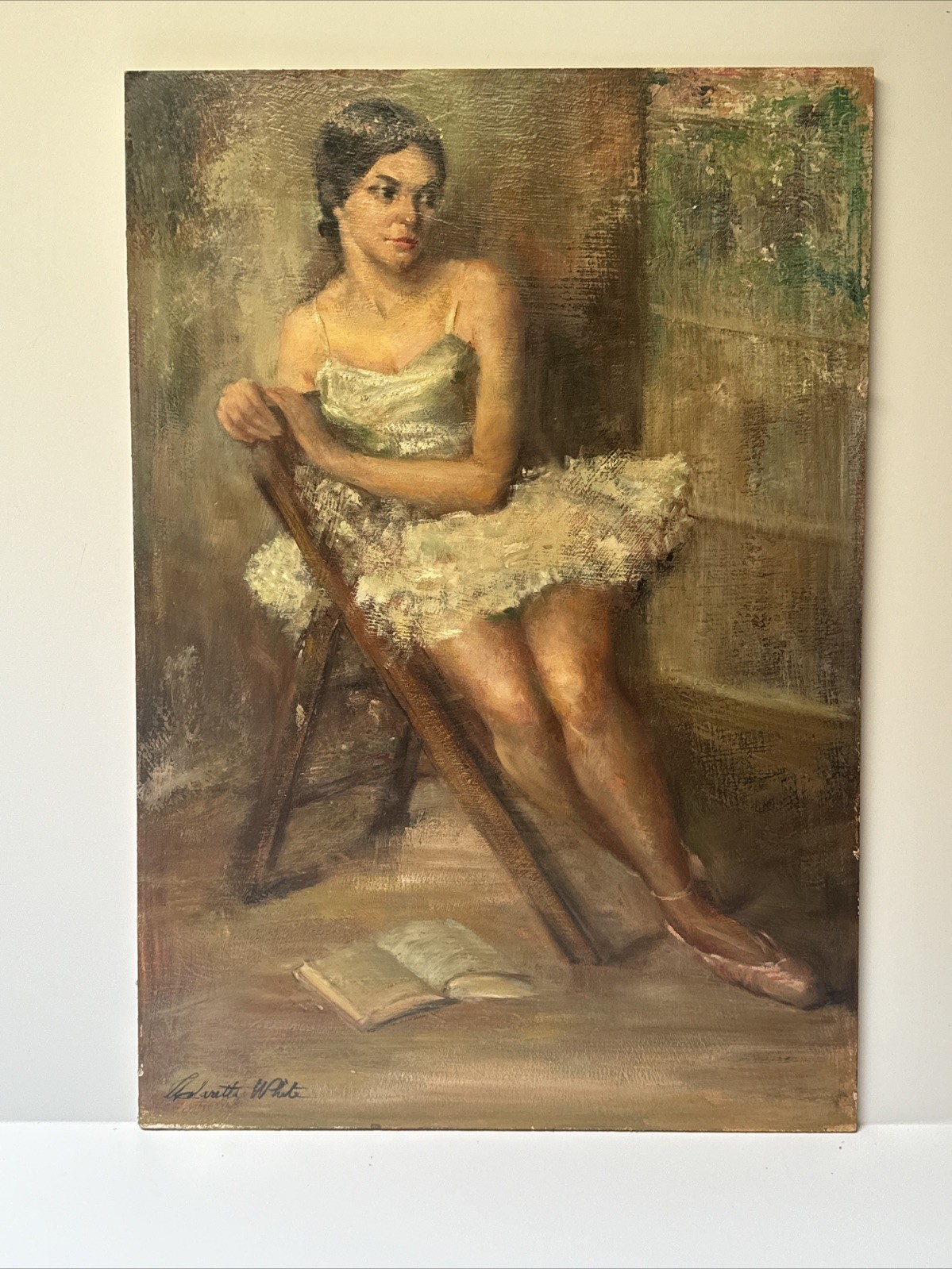MID CENTURY PAINTING BALLERINA DANCER PRETTY WOMAN FEMALE MODEL BY WHITE LARGE