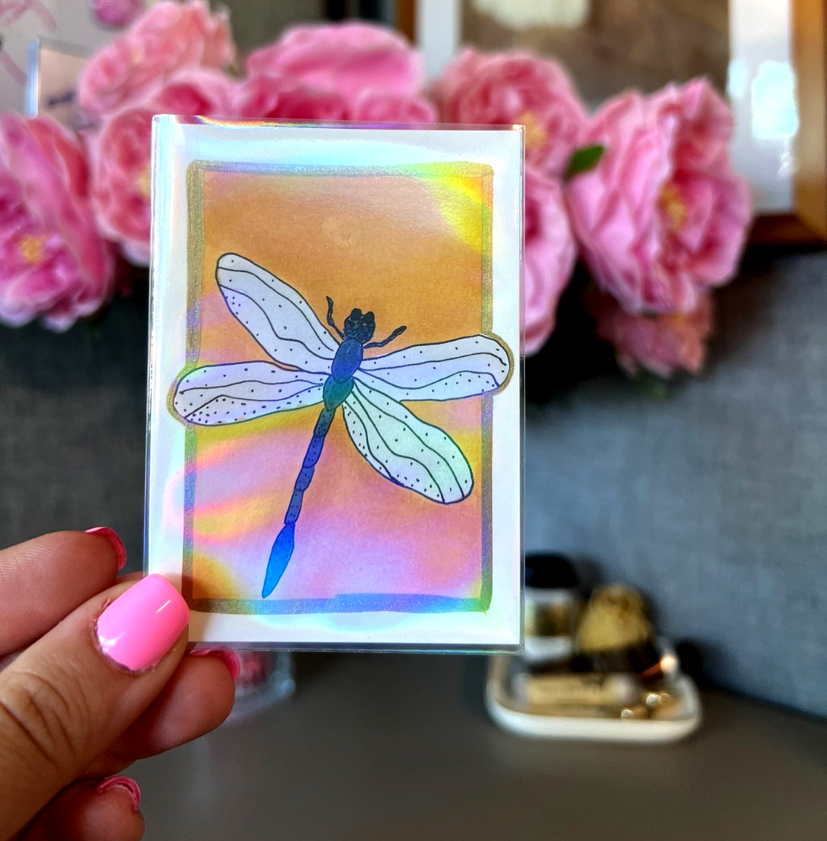 ACEO Original, Abstract Dragonfly, Miniature Whimsical Painting