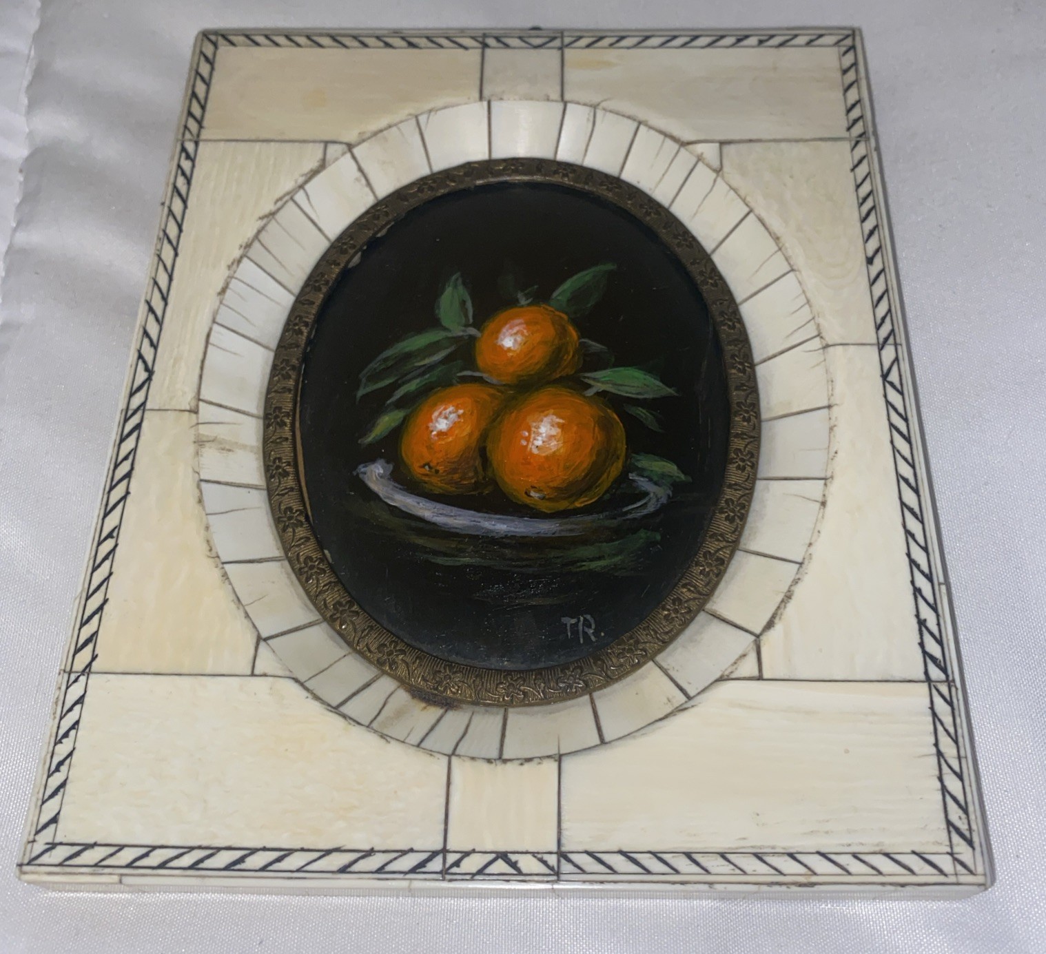 Vntg Still life ORIGINAL OIL PAINTING Clementine Oranges Small Stone Frame