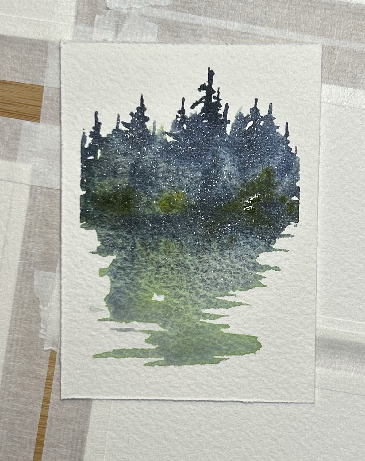 ACEO Morning Fog Watercolor Lake Landscape Painting By Sasha Lehto