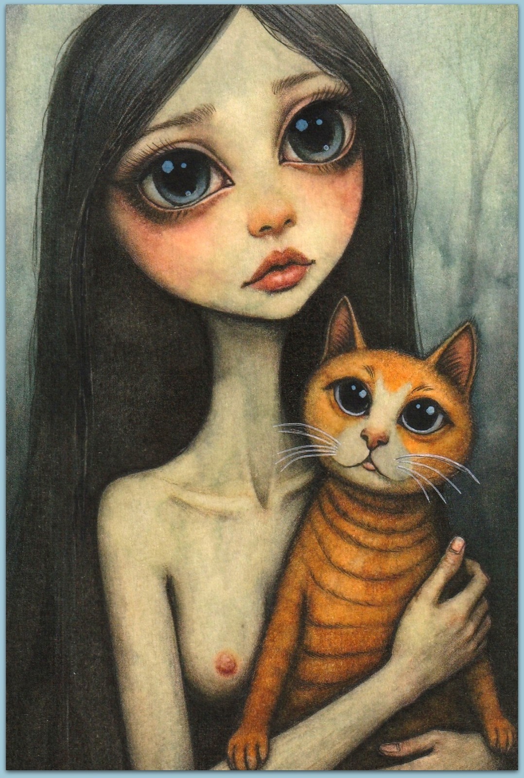 4×6 watercolor painting – cat kitten sexy girl woman surreal