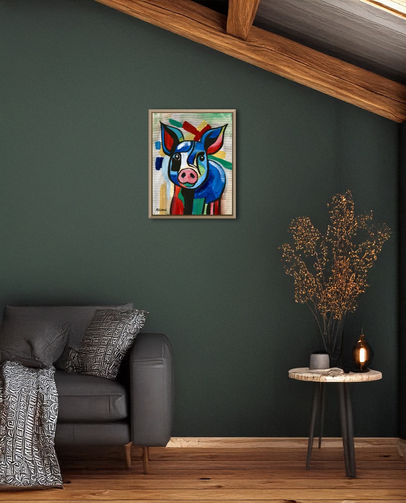 Atherton 11×14 Original Expressionism Acrylic Painting «Blue Pig 2» hand signed