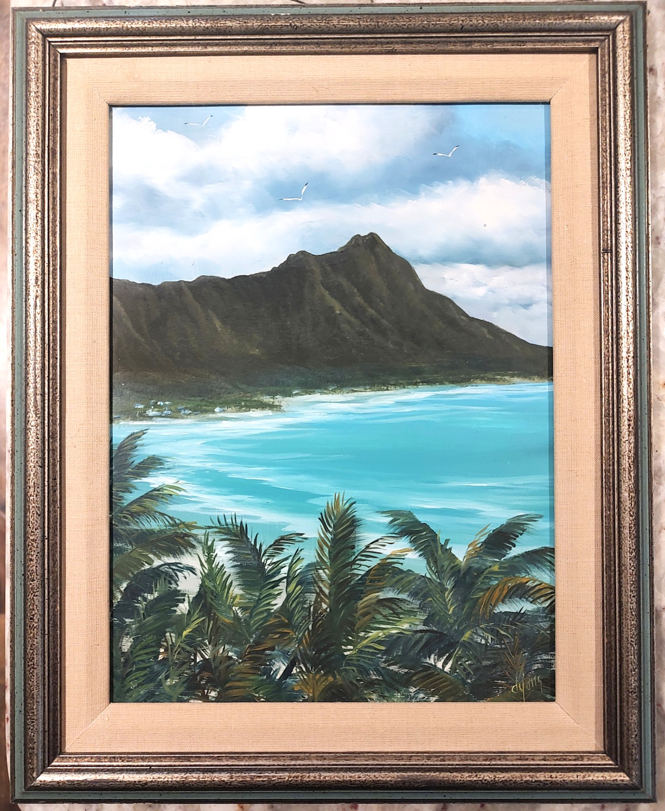 Judy Dy’ans Dyans Signed Oil Painting on Board Diamond Head Hawaii c1970s Framed