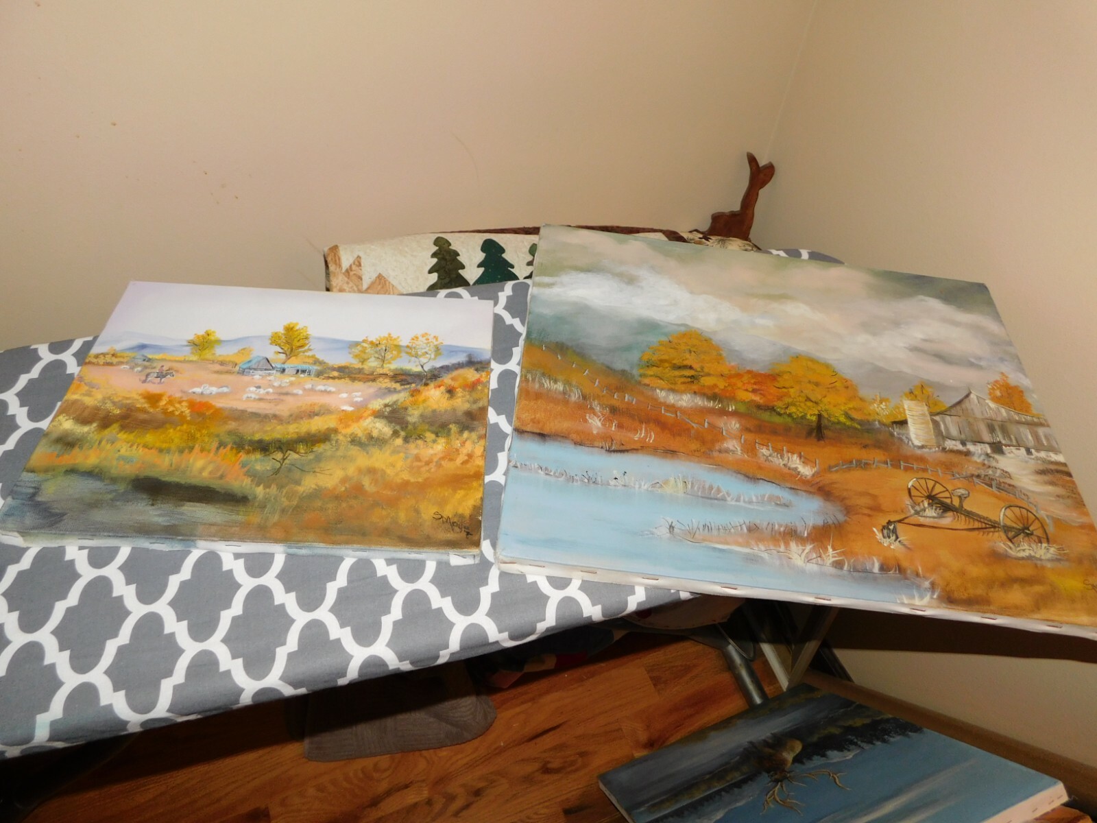 Original Oil Paintings Same Artist Horse Sheep Abandoned Mountain Farm Signed