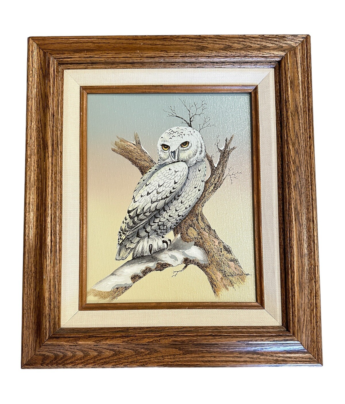 Vintage Snowy White Owl Bird Oil Painting Signed Casandra Professionally Framed