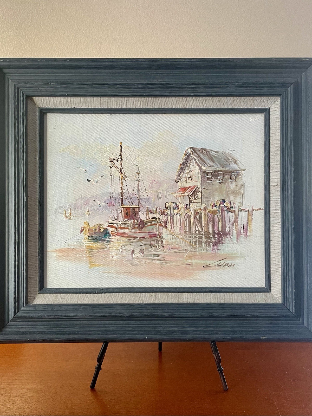Vintage Original Framed JOHN LUINI Seascape Boat Dock Oil Painting 8” x 10”