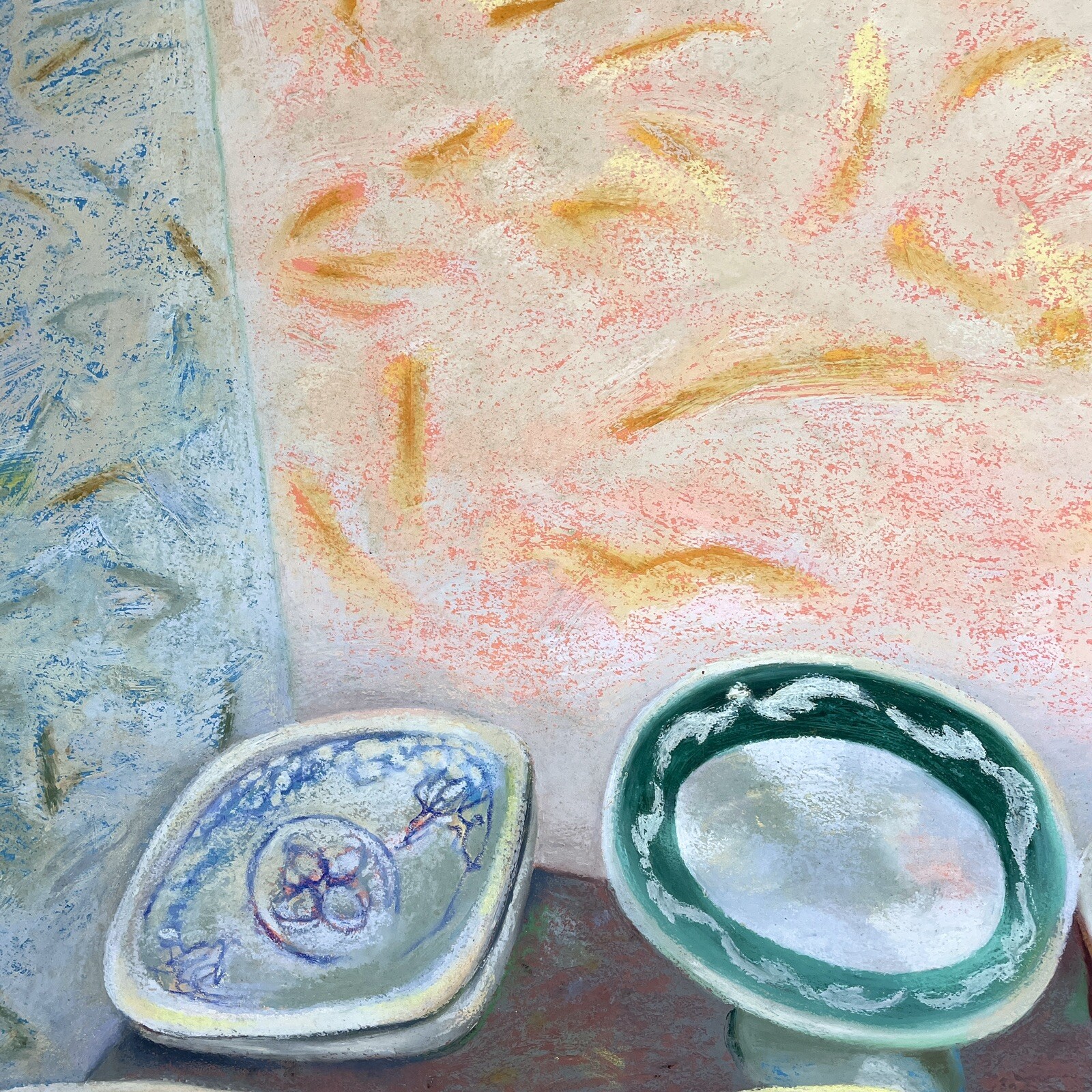 Expressionist Still Life With Dishes Pastel/Acrylic on Rag Paper by Kathie Brown