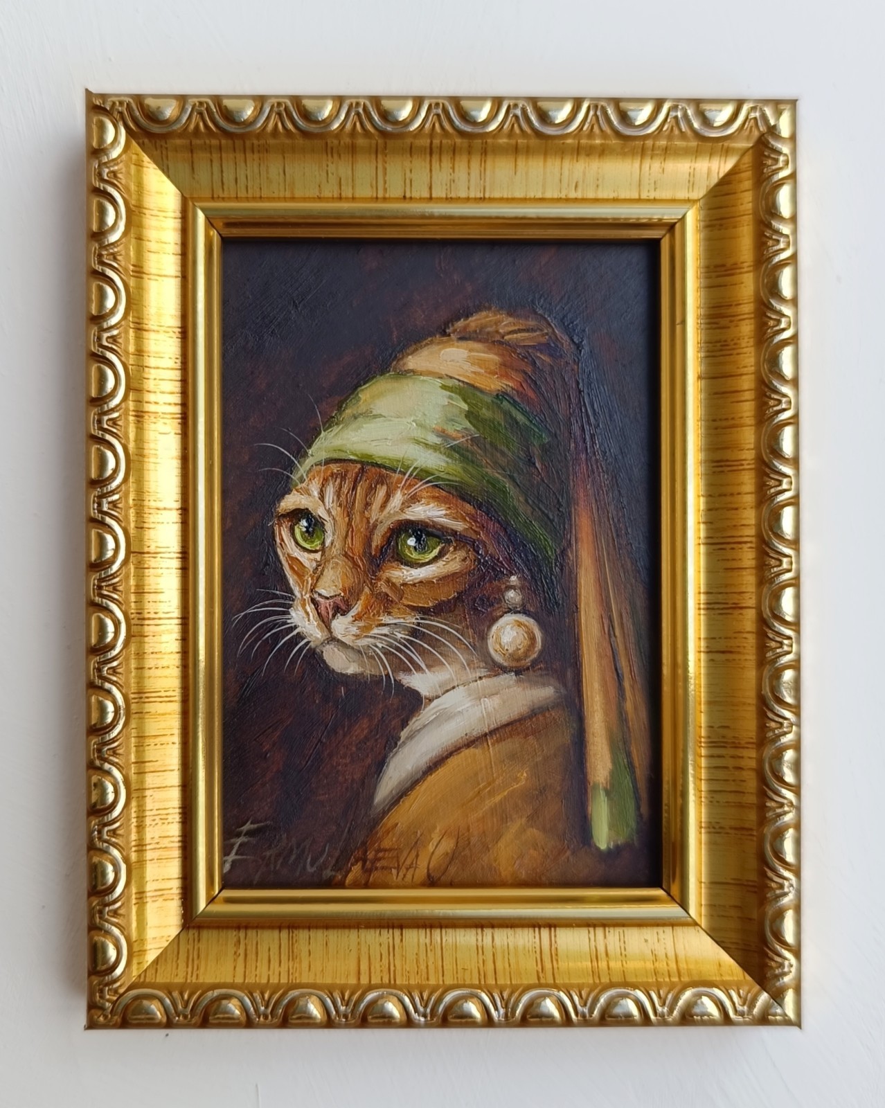 ACEO Cat with Pearl Earring Oil Painting Framed Original Artwork 2.5×3.5 in