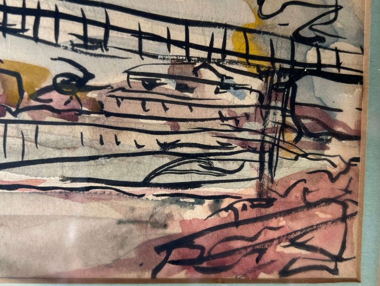 Vintage American Expressionism Watercolor Architecture Bridge Drawing Painting