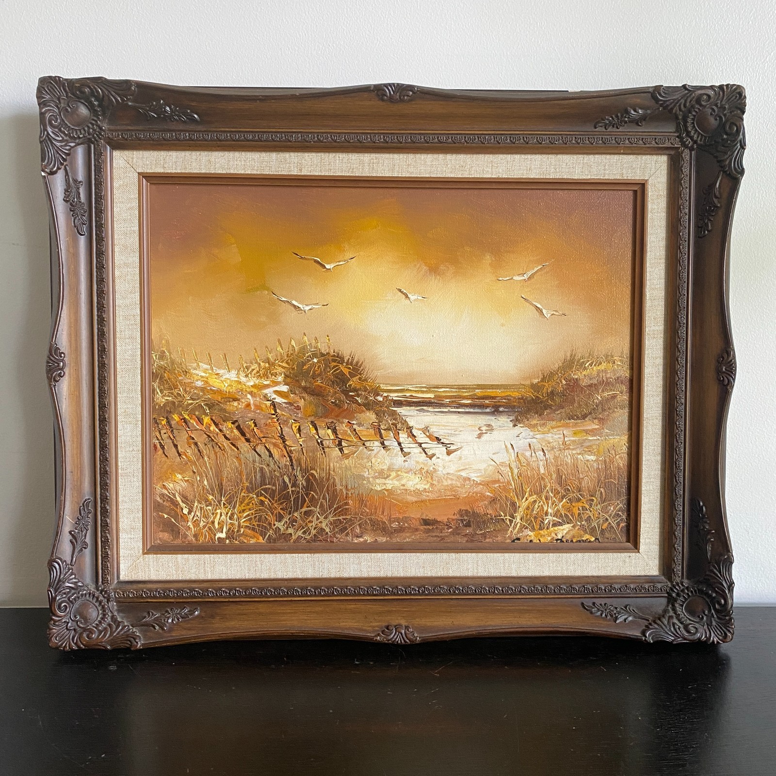 VTG Original Oil Painting Seagulls Seascape Coastal Ornate Frame Artist Signed