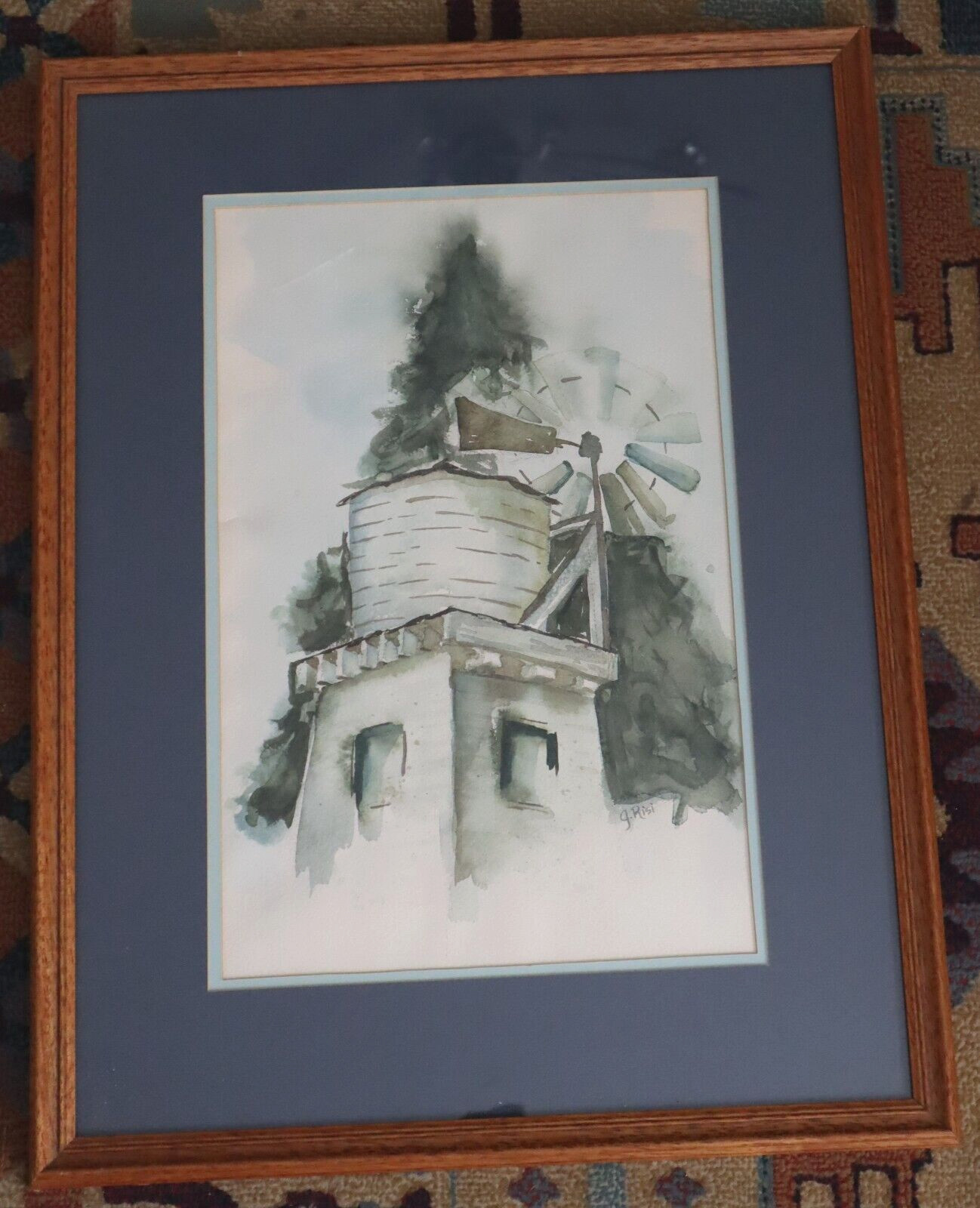 Wind tower watercolor painting signed by G. Risi