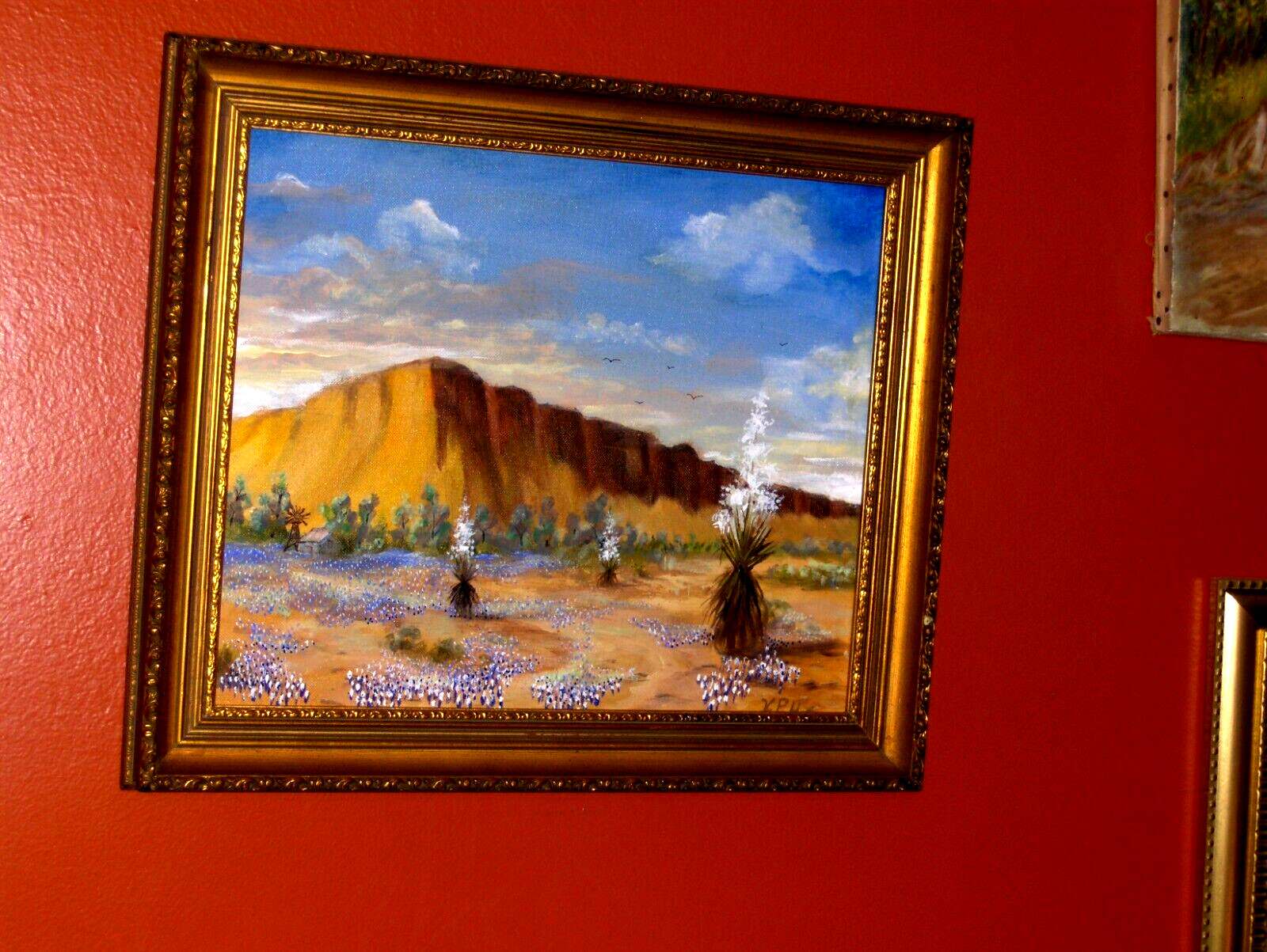 Original Buebonnet LandscapHouse Water Will Bird Blooming Yucca TX VINTAGE Oil