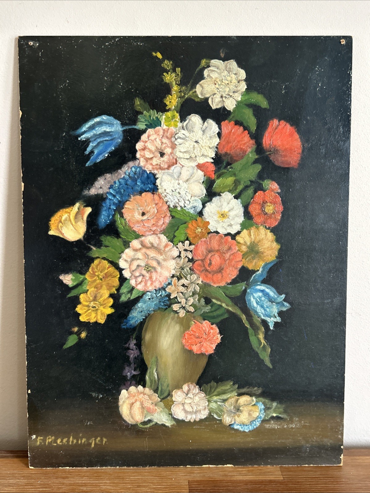 Vintage Artist Signed Oil on Board European Floral Still Life Painting