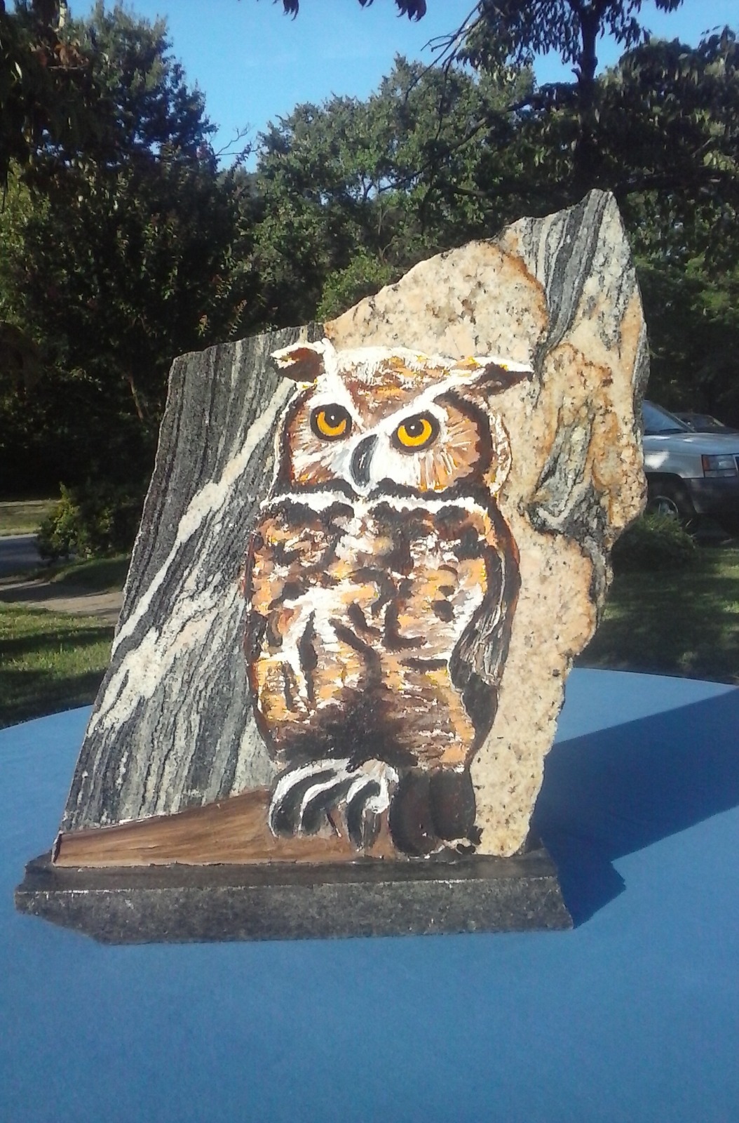 Screech Owl acrylic on granite, 11 1/2″ x 15″ Realism, Signed, 2000-now,