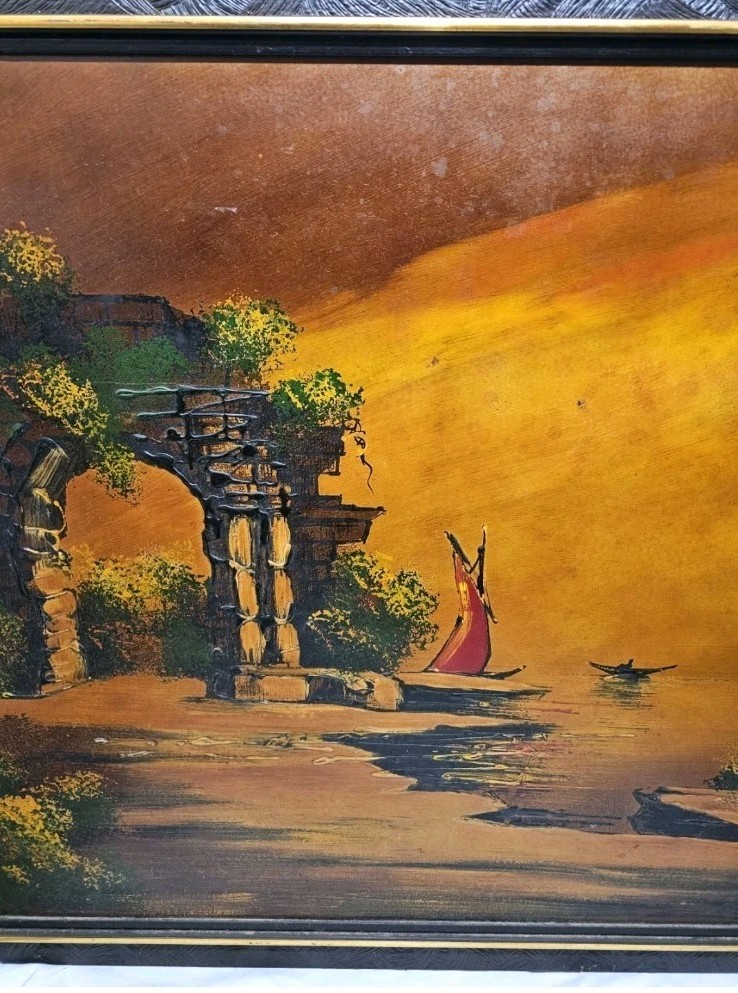 Mid Century Modern Original Art Surrealist A Great Sun Set Oil on Masonite Signe
