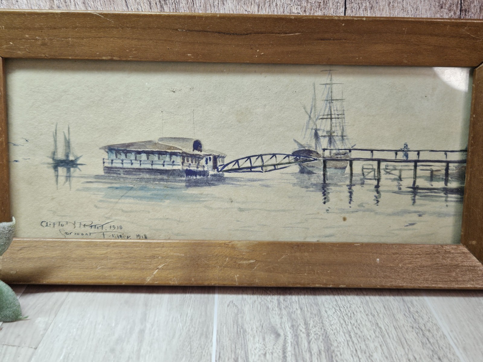 Signed 1918 Harbor Scene Watercolor Ink Wash Framed Artwork Vintage Nautical…