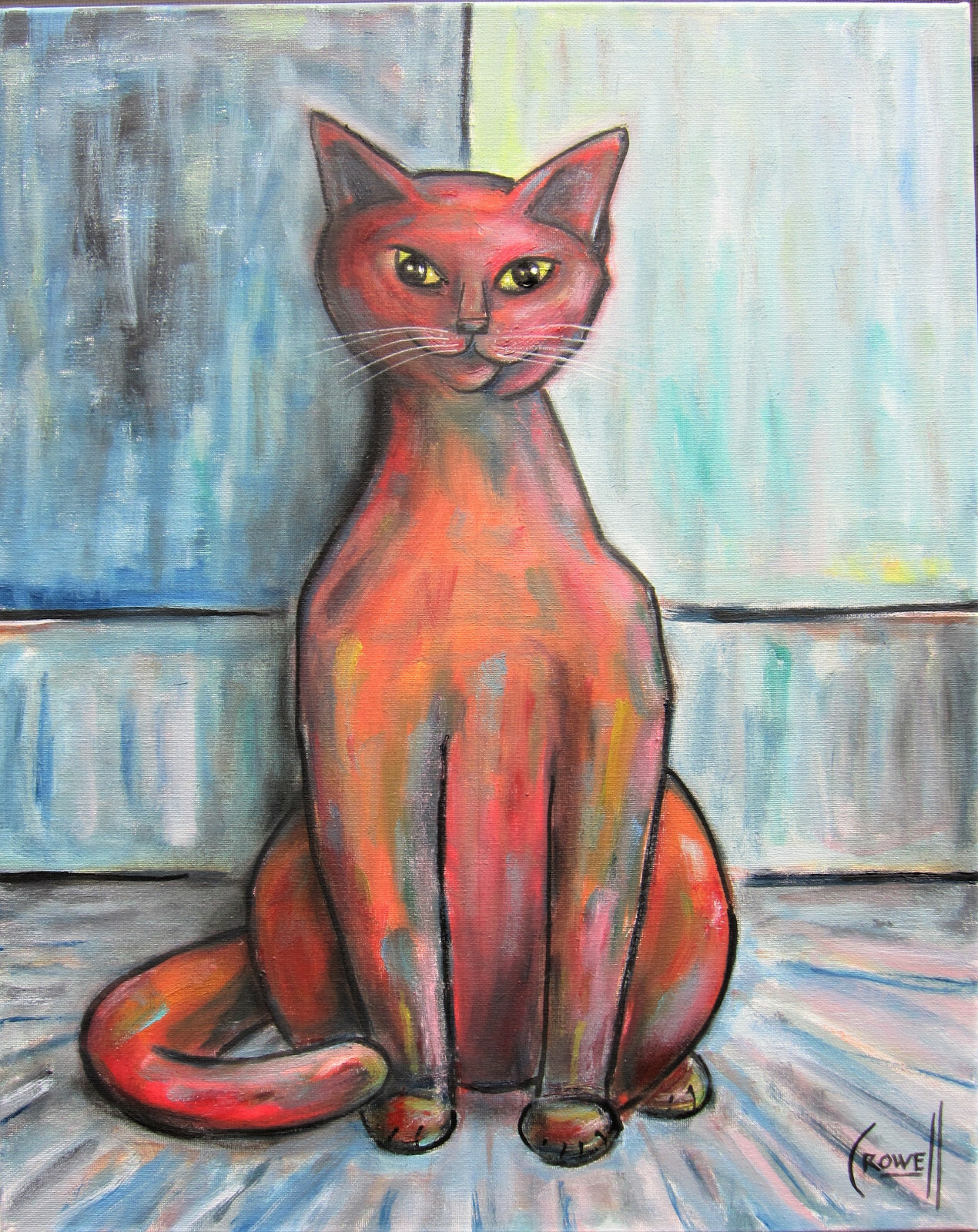 BIG RED CAT oil painting 16×20 canvas modern art feline original signed CROWELL
