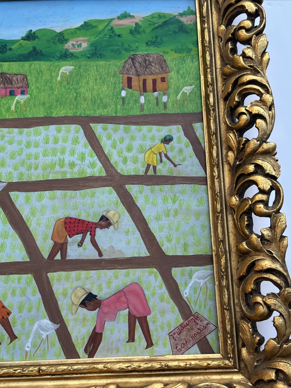 VINTAGE FOLK ART PAINTING FARM FARMING HAITI HAITIAN NAIVE WILNER CROPS PEOPLE