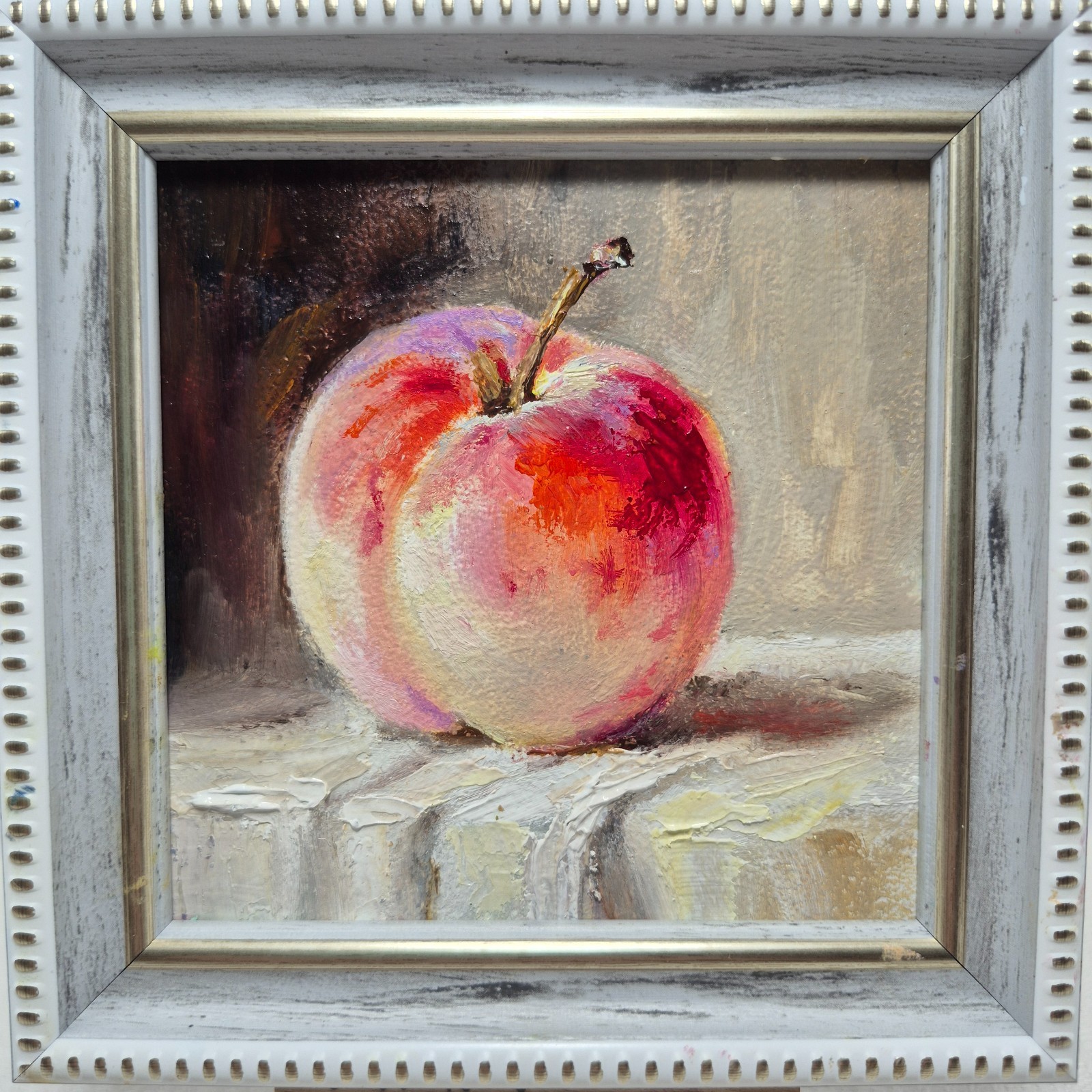 Original oil painting, signed and framed. Still life with a nectarine, 4×4 inche