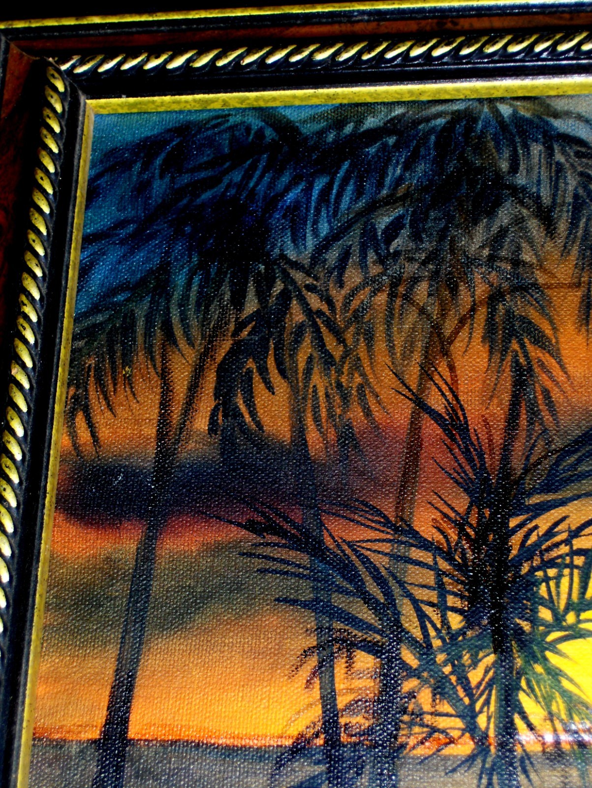 Lake Landscape Sunset Reflections Sea shore Palm Trees by Water Oil Painting
