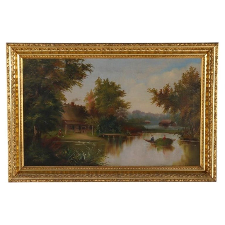 Hudson River School Oil On Canvas Painting Of A River Scene 1890