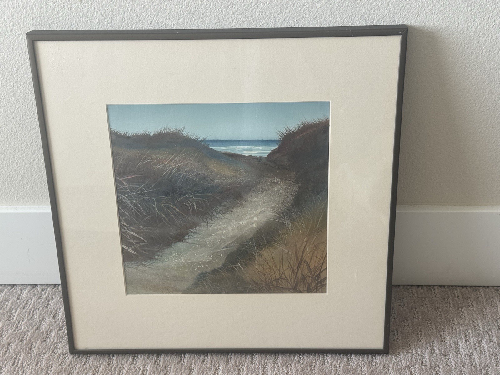 Beach Landscape Painting Framed Wall Art Water Sand Beachy Shore 16” Square