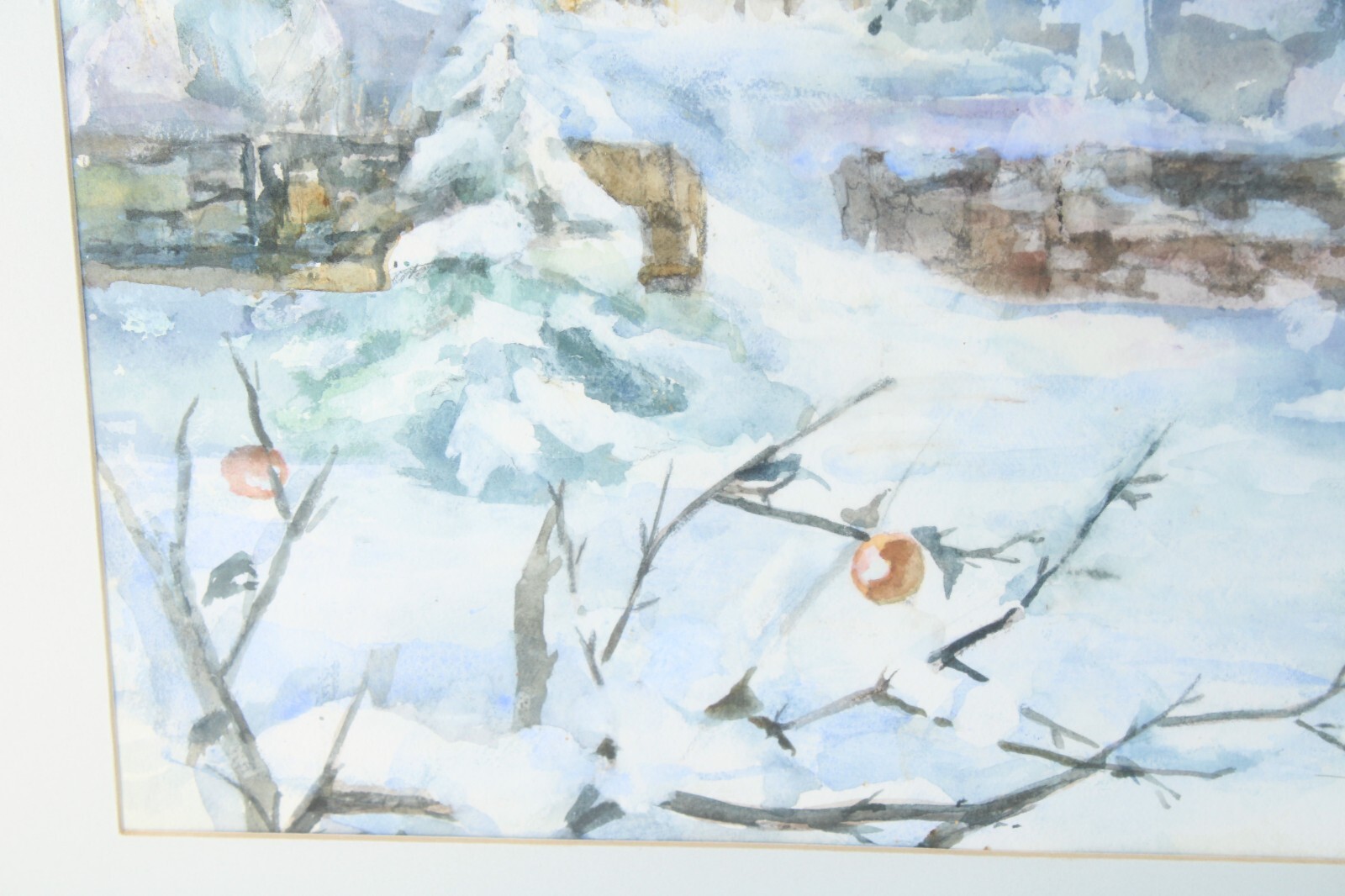 Large Winter Scene Church Mountains Watercolor Painting Signed Illegible 97