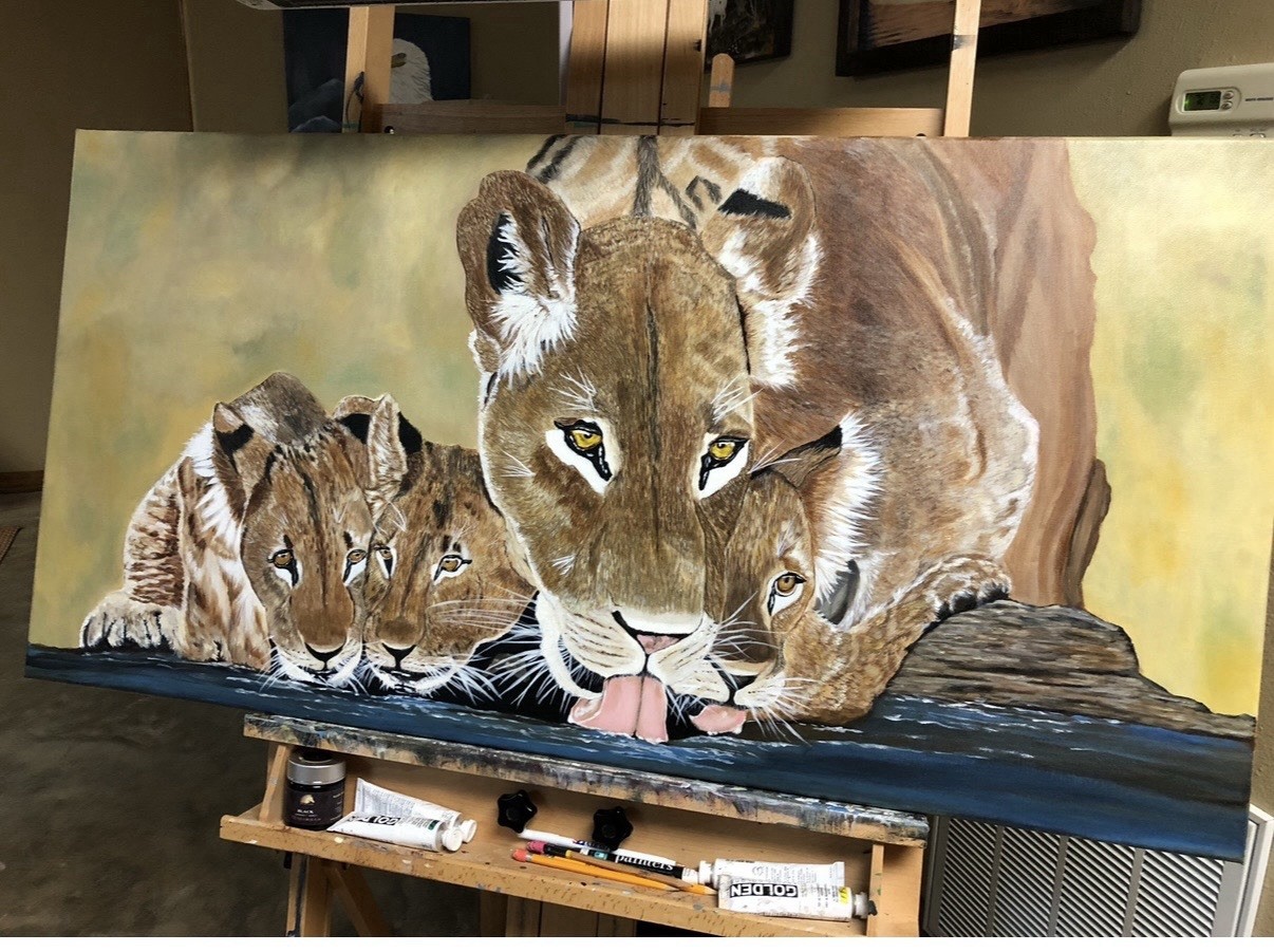 Lion with cubs Original Canvas Painting By Arkansas Artist Leah Smith