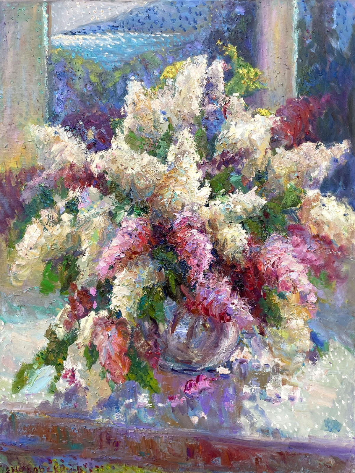 Lilac flowers painting IMPRESSIONISM Original Oil on canvas by E. Chernyakovsky