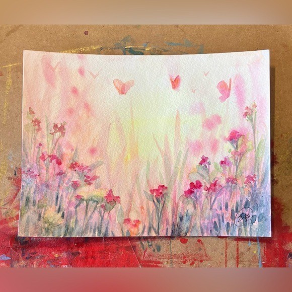 ORIGINAL Butterflies Landscape Watercolor Painting Floral Flowers Artwork USA
