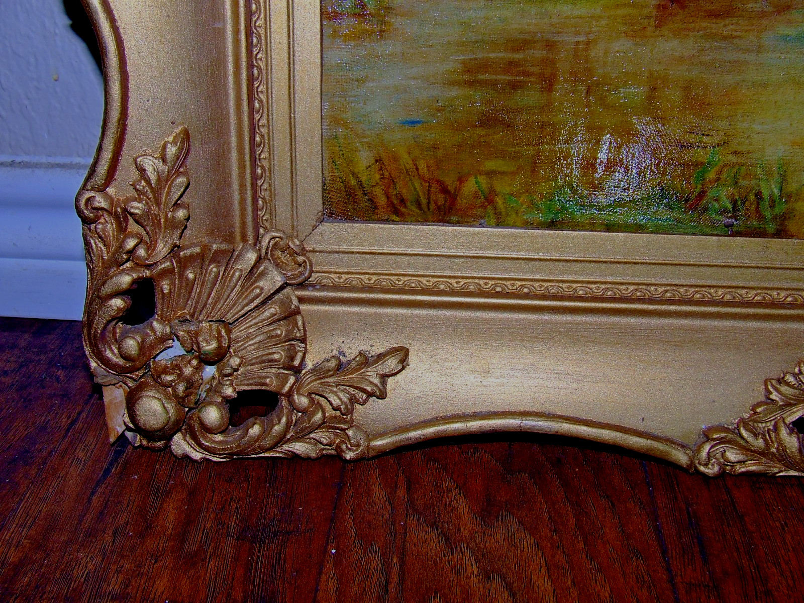 Antique 19th C. Landscape Gathering Watering Cows Oil on Board Gilt Ornate Frame