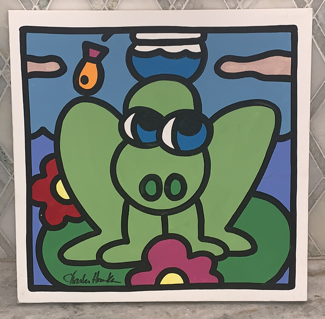 Charles Houska 2001 Green Frog Blue Eyes Red Pink Flowers Black 12”sq Acrylic