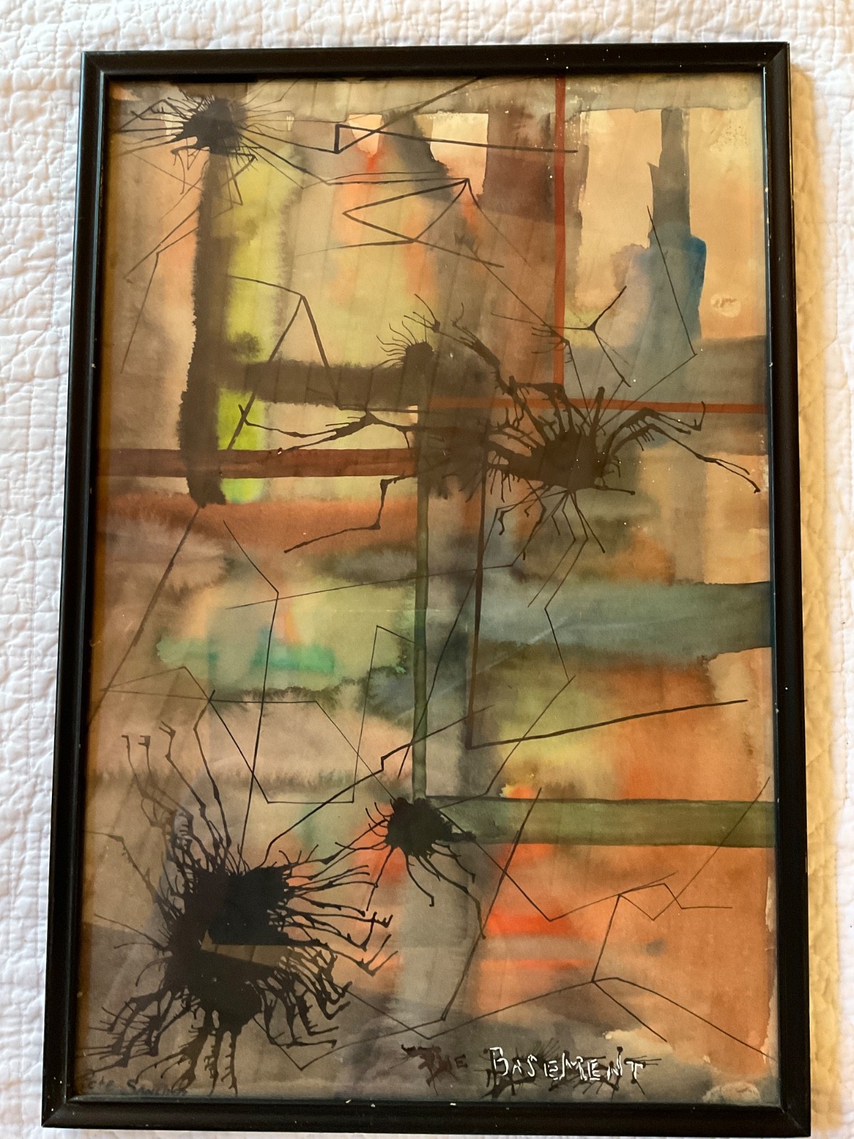 Vintage abstract PAINTING original watercolor the Basement creepy spiders