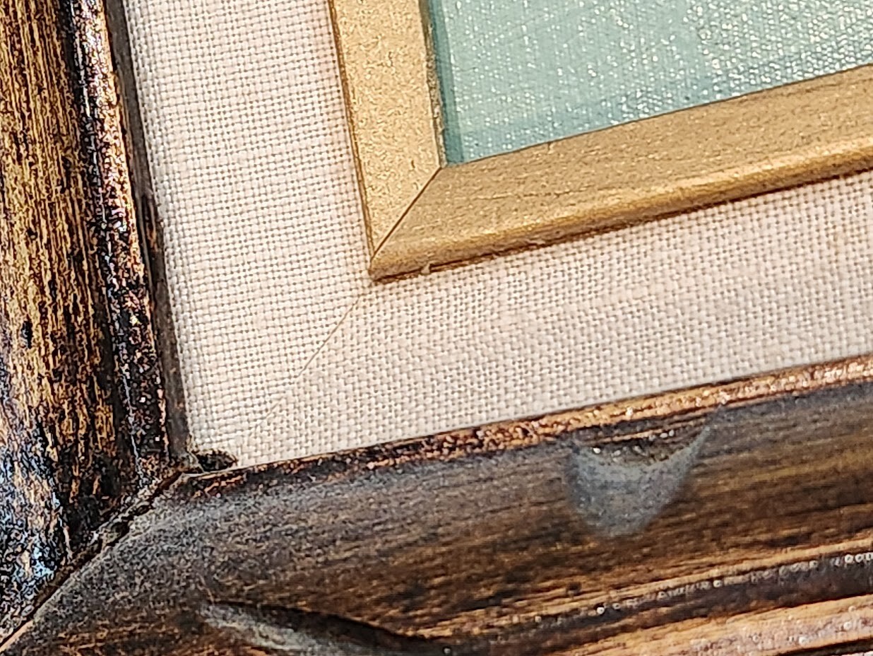 Textured Painting Signed Keyelee Girl on Bridge Waterfall 16 x 18 Wooden Frame