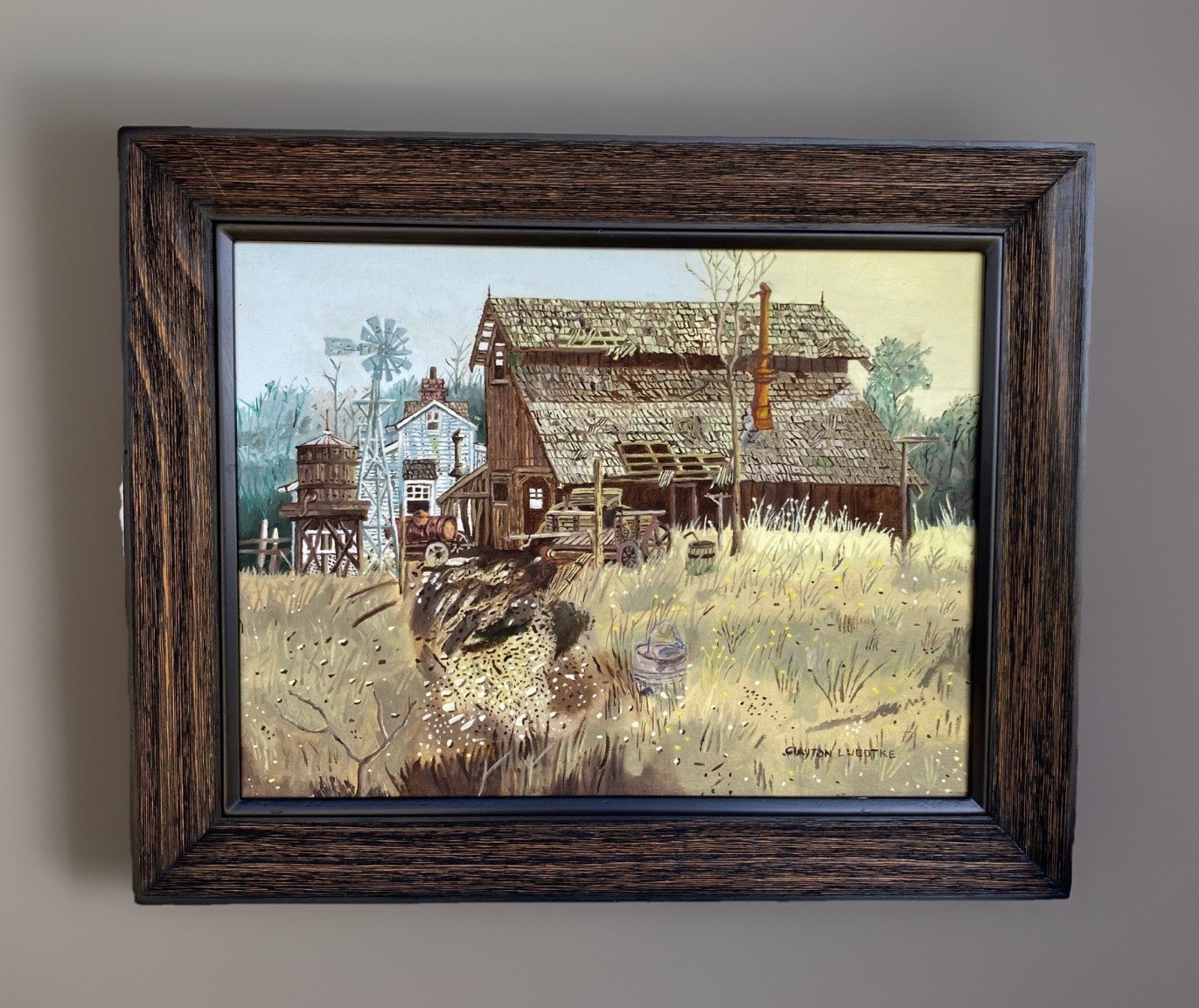 Orig Framed Oil Painting, Old Country Farmstead, C Luedtke 20-1/2″W by 16-1/4″H
