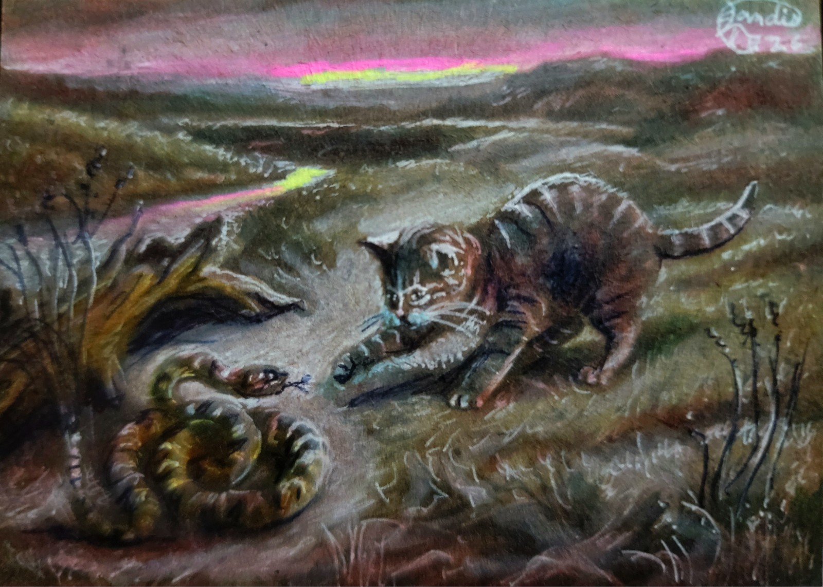 Jacob Landis HANDMADE ORIGINAL Whimsy ACEO Sketch Kitten «Sleeping Together»